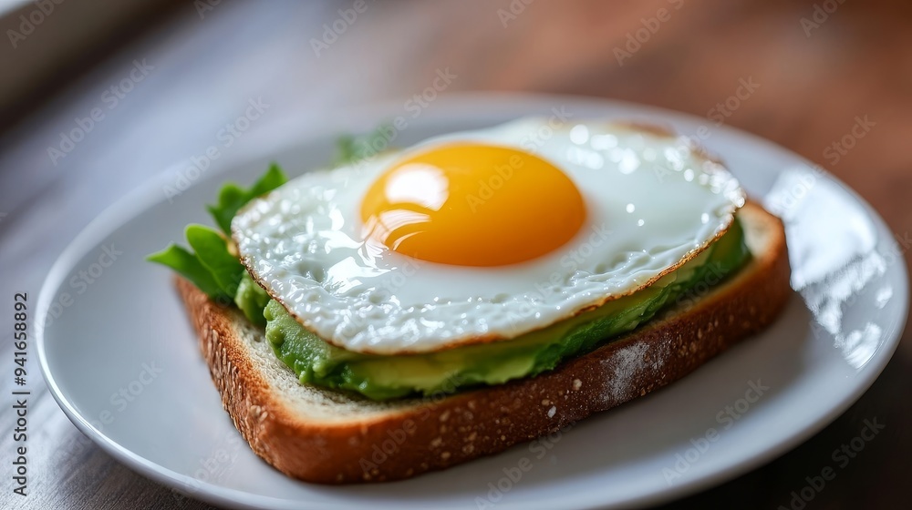 Poster a perfectly cooked fried egg sits atop a slice of toasted bread, generously spread with mashed avoca