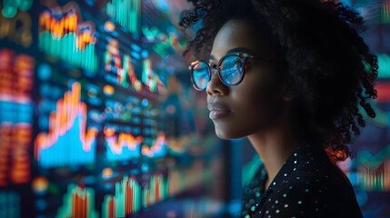 Focused Female Entrepreneur Analyzing Futuristic Financial Data Displays for Strategic Decision Making