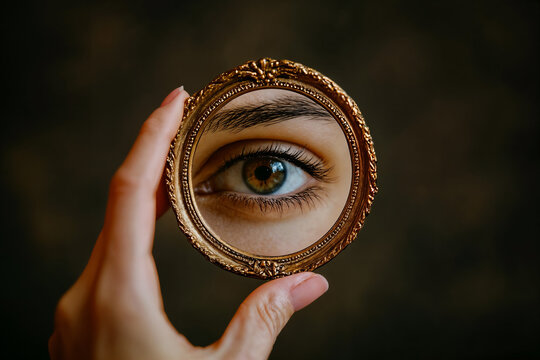 Reflection of an eye in vintage handheld mirror. Generative AI