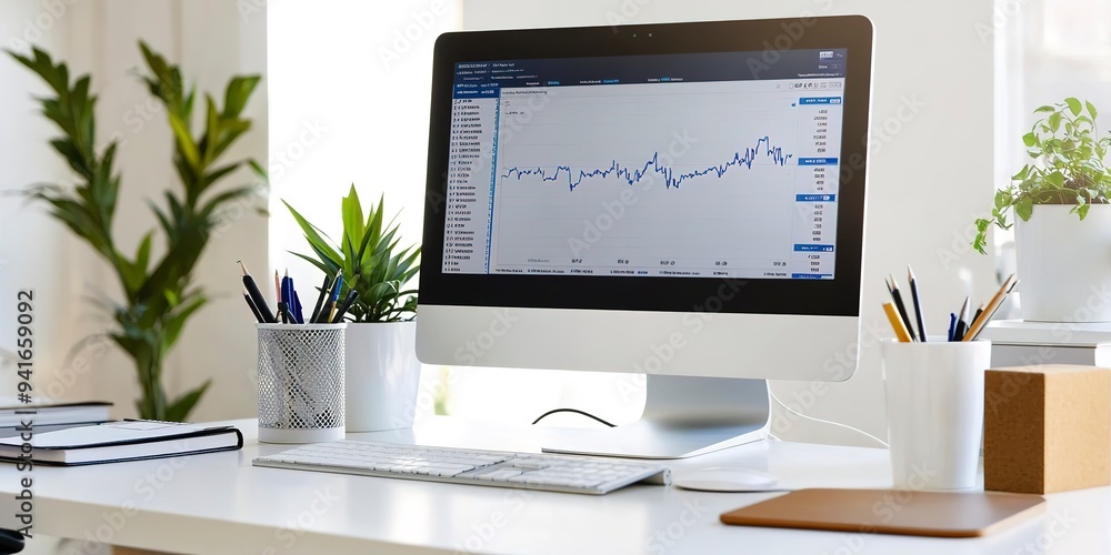 Poster modern office desk with a computer monitor displaying a stock market graph and charts.