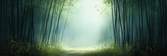 A peaceful watercolor illustration of a bamboo forest path leading into a misty clearing. The scene evokes tranquility and a sense of mystery, with the bamboo stalks creating a natural archway and the