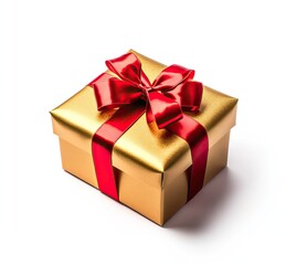 Fototapeta premium Gold gift box with a red ribbon and bow on a white background. AI generated image