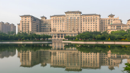 Fototapeta premium Spacious Governmental Building with Tranquil Park and Reflective Water Surface.