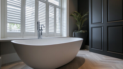 Elegant modern bathroom interior with freestanding bathtub and dark walls in luxury home.
