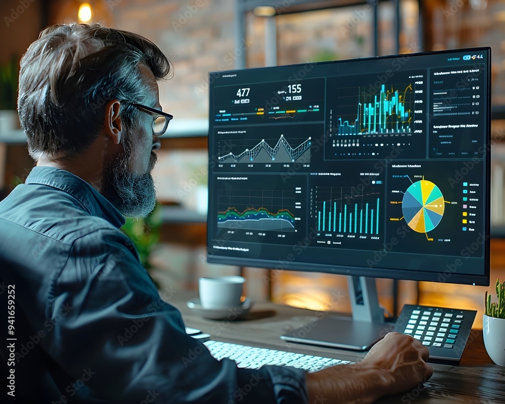 Poster professional using a financial dashboard with digital screens showing savings growth in a modern off