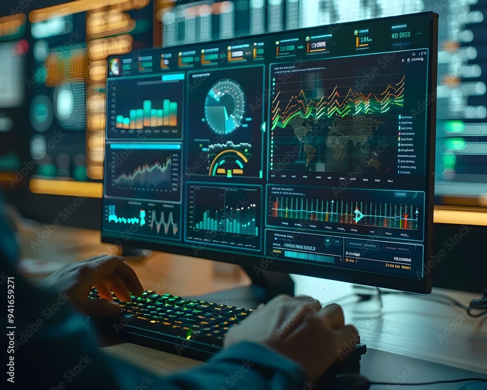 Poster financial dashboard showcasing digital data analytics in modern corporate workspace