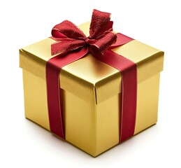 Obraz premium Gold gift box with a red ribbon and bow on a white background. AI generated image