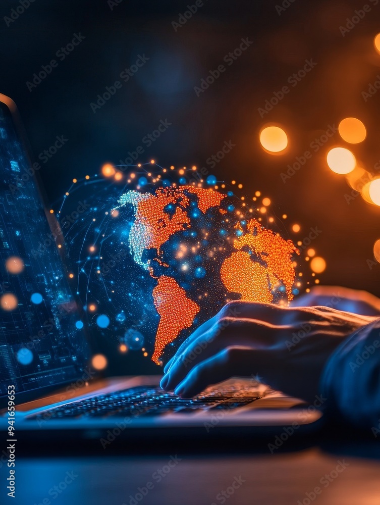 Poster a person using a laptop with a glowing globe hovering above the keyboard, symbolizing global custome