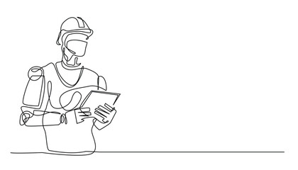 Art & Illustrationcontinuous line of AI technology for development.one line drawing of AI robot with monitor screen and safety helmet.interacting with AI technology.single line vector illustration