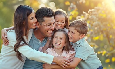 A loving family enjoys quality time together, laughing and sharing smiles under the warm sunlight in a beautiful park. Their happiness radiates, creating cherished memories