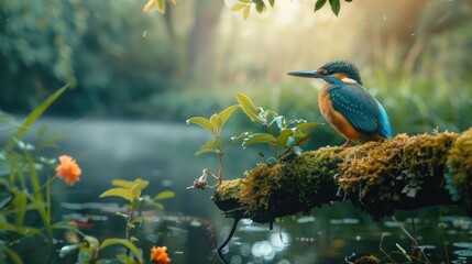 A bird sits on a branch submerged in water, surrounded by aquatic plants