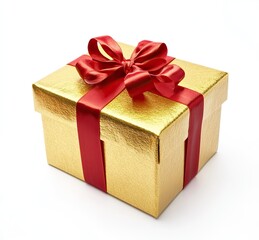 Obraz premium Gold gift box with a red ribbon and bow on a white background. AI generated image