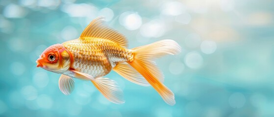 Fototapeta premium A vibrant goldfish swimming gracefully in clear water, showcasing its bright colors and delicate fins in a serene aquatic environment.