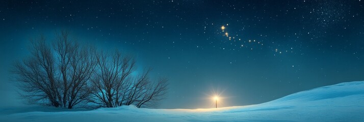 A picturesque winter night landscape with a lone tree standing in a snow-covered field. The sky is filled with twinkling stars, creating a sense of peace and tranquility. The scene symbolizes peace, s