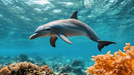 Naklejka premium A playful dolphin gracefully swims through a vibrant coral reef, showcasing the beauty of the underwater world. The coral's vivid colors create a stunning backdrop for the dolphin's sleek form. The i