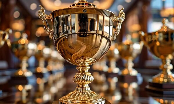 A collection of gleaming golden trophies stands elegantly in a lavish hall, symbolizing triumph and recognition during a prestigious awards ceremony. The atmosphere is filled with excitement