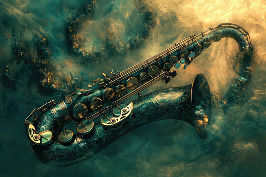 A surreal saxophone emerges from a dreamlike swirl of colors, merging with a vibrant underwater atmosphere of artful tones.