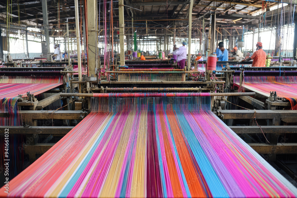 Poster a vibrant textile factory showcasing rows of looms weaving colorful threads into art