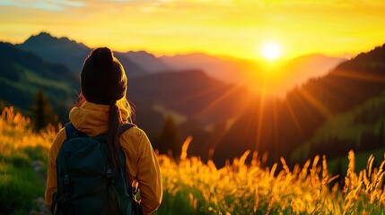 Fototapeta premium A woman with clear skin, basking in the morning light on a mountain trail