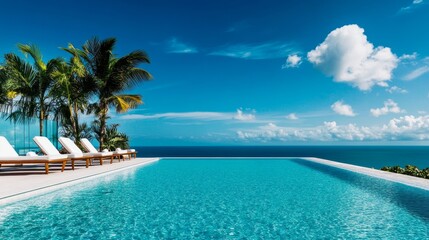 A pristine infinity pool seamlessly blends with the azure ocean horizon. White lounge chairs invite relaxation under a vibrant blue sky dotted with fluffy clouds. Palm trees sway gently, creating a tr