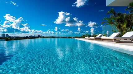 Fototapeta premium A pristine infinity pool with crystal clear water, surrounded by white lounge chairs, overlooking a cityscape and a vibrant blue sky. The pool represents tranquility and relaxation, while the city sym