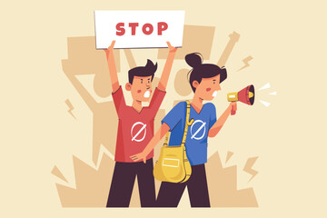 Illustration of a demonstration. Men and women angry in protest, on strike. A crowd of people with placards and loudspeakers.