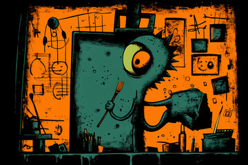 A whimsical green monster character is seen holding a brush in a creatively chaotic art studio, bringing a sense of playful artistry and imagination.