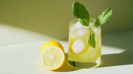 Fototapeta premium A refreshing summer cocktail with a lemon wedge and mint garnish, served in a glass with ice. The drink is light and bubbly, perfect for a hot day. It symbolizes refreshment, summer, and relaxation
