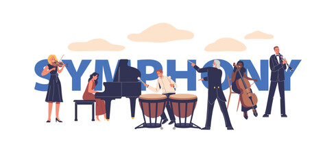 Symphony Orchestra Playing Different Instruments Concept. Musician Characters In Their Performance Dresses Playing Music