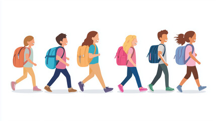 Obraz premium Diverse group of happy students walking back to school, embodying joy of childhood and friendship. Captures essence of youth, learning, and excitement of gaining knowledge