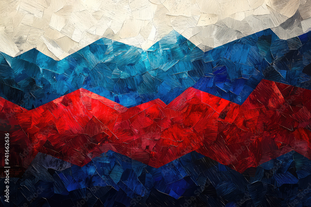 Poster a striking abstract representation of the russian flag, showcasing vibrant colors in a textured and 