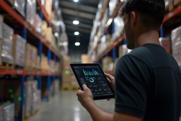 A warehouse worker uses a digital tablet to analyze inventory and operational data while standing in a modern storage facility, with shelves stocked with various goods