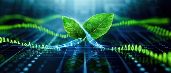 A vibrant green leaf emerging from digital data, symbolizing growth in technology and nature's harmony with innovation.