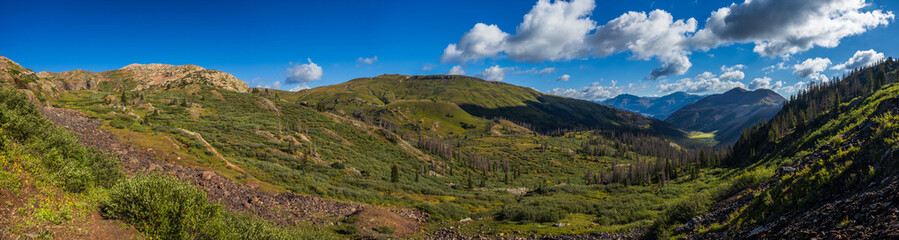 mountain valley panorama with tundra hills