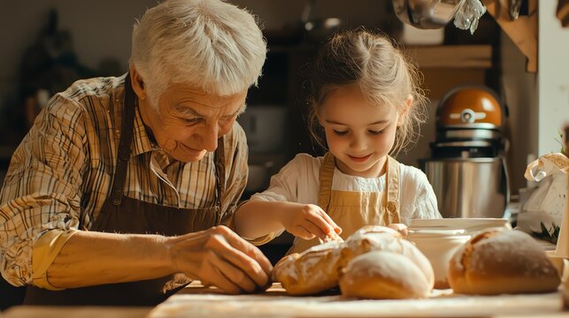 Grandparents teaching grandchildren to bake bread, raw, homely kitchen, detailed closeup, warm lighting