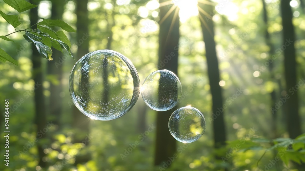Poster a serene image of three soap bubbles gently floating in a sunlit forest, symbolizing fragility, beau