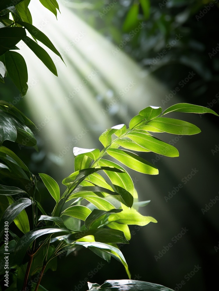 Poster a serene image of sunlight breaking through dense foliage, creating a warm and inviting atmosphere. 