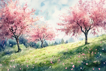 Naklejka premium A Serene Landscape of Lush Cherry Blossom Trees Blooming Under a Tranquil Sky, Capturing the Essence of Nature's Beauty