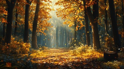 Majestic autumn forest with tall trees, dappled sunlight illuminating a thick layer of fallen leaves on the forest floor, creating a calm and serene environment
