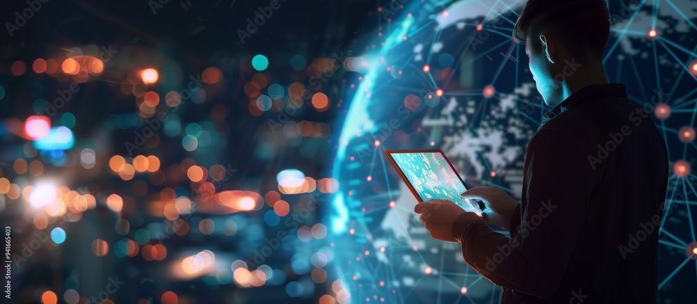 Poster image of a person interacting with a tablet, illuminated by a glowing, connected digital globe. the 
