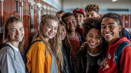 Fototapeta premium A diverse group of high school students standing in front of lockers. Multicultural, diverse children, open education, international school. 