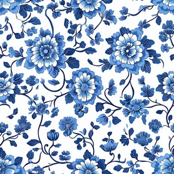 traditional chinese floral porcelain style pattern with lots of flowers and leaves in blue on a white background.