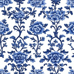 traditional chinese floral porcelain style pattern with lots of flowers and leaves in blue on a white background.