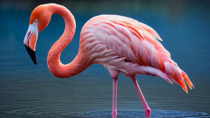 Graceful Flamingo in Profile, Standing on a Tropical Lagoon Shore with Reflected Ripples, Showcasing Pink-White Feathers, Curved Neck, and Black-Tipped Beak Against a Blue Gradient Dawn or Sunset Back