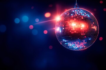 Disco ball shimmering in dance club, website advertising, music banner, disco pub banner, copy...