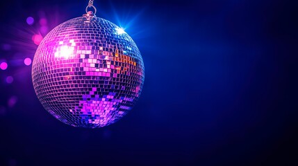 Obraz premium Disco ball shimmering in dance club, website advertising, music banner, disco pub banner, copy space for text