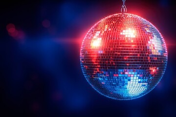 Fototapeta premium Disco ball shining at dance party, website advertising, music banner, disco pub banner, copy space for text