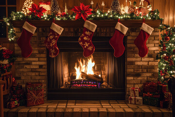 Fototapeta premium A warm and inviting fireplace adorned with festive stockings, perfect for a magical holiday ambiance and cherished family moments.