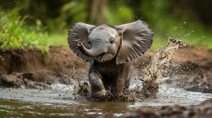 playful elephant calf splashing in a muddy waterhole, its tiny trunk flailing with excitement as it discovers the joys of the wild