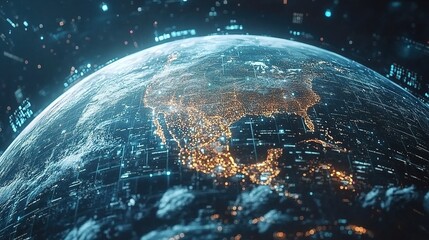 Obraz premium Globalization of technological earth in 3d. Global Business Point on a rotating planet.